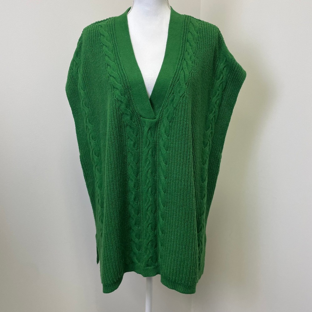 J. Jill Green Cable Knit V-Neck Sweater Vest Pullover 2X Oversized Cotton Blend